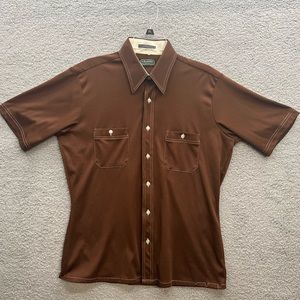 TRUE VTG ARROW DOUBLER MEN SZ 16 BROWN DISCO COLLAR BUTTON UP SHORT SLEEVE SHIRT